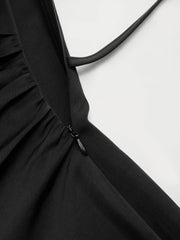 Satin Asymmetrical Neck Metal Detail Ruffled Maxi Dress