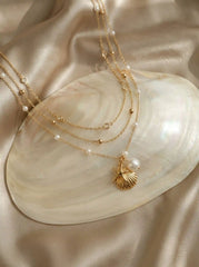 SHELL & STARFISH & FAUX PEARL LAYERED  NECKLACE