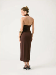 Jersey Halter Neck Ruched Zipper Maxi Dress