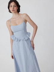 Cotton-blend Gingham Scoop Neck Ruffle Bowknot Flared Maxi Dress