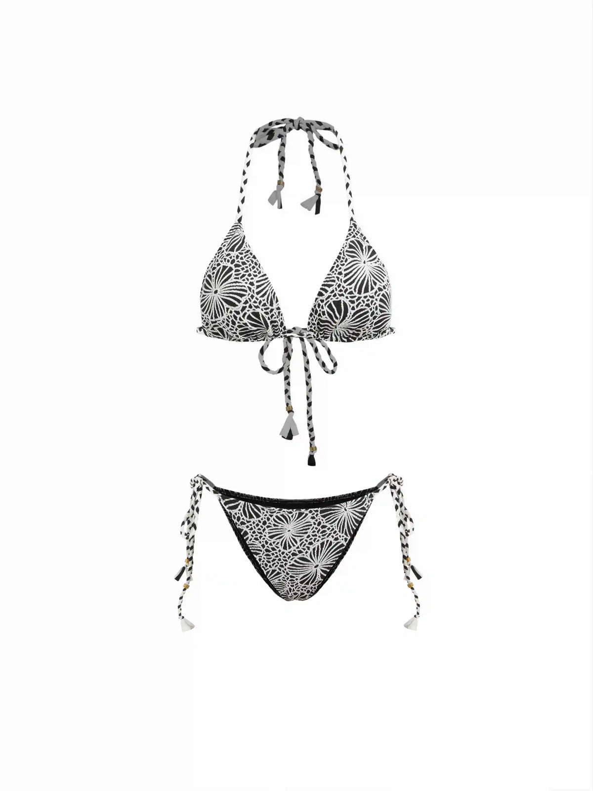 Halter Neckline Floral Beaded Triangle Tie Side Bikini Set