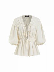 Linen-blend V-neck Drawstring Puff Middle Sleeve Oversized Blouse
