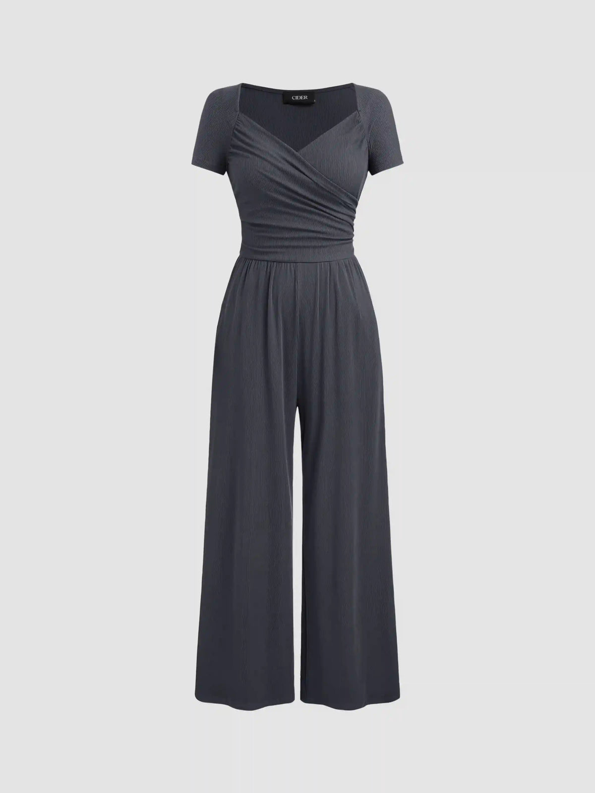 V-neck Solid Ruched Straight Leg Jumpsuit