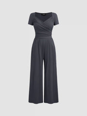V-neck Solid Ruched Straight Leg Jumpsuit