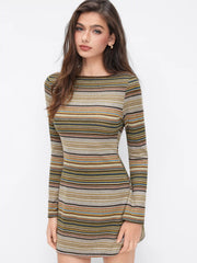 Jersey Boat Neck Striped Bell Sleeve Flared Mini Dress