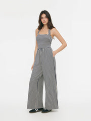 Cotton Halter Neckline Striped Knotted Jumpsuit