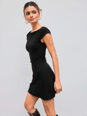 Cotton-blend Boat Neck Solid Ruched Mini Dress