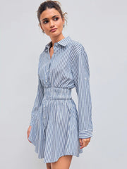 Cotton-blend Collar Striped Shirred Button Mini Shirt Dress
