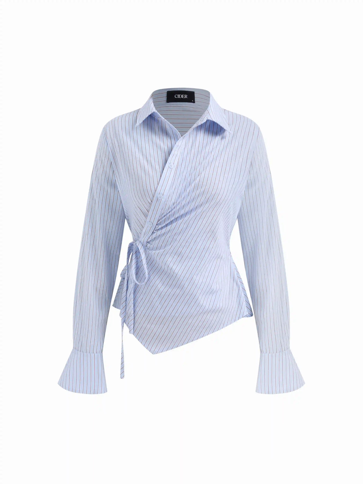 Cotton-blend Collar Asymmetrical Hem Tie Side Ruched Blouse