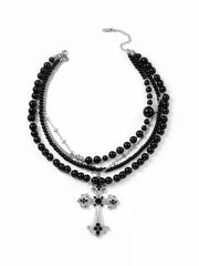 RHINESTONE DECOR CROSS & BEADED LAYERED NECKLACE