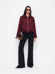 Collar Faux Fur Trim Zip Through Long Sleeve Jacket