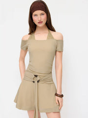 Halter Neck Lace Panel O-Ring Ruched Flared Mini Dress