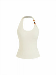 Cotton-blend Textured Asymmetrical Halter Neck Top With Bead Detail