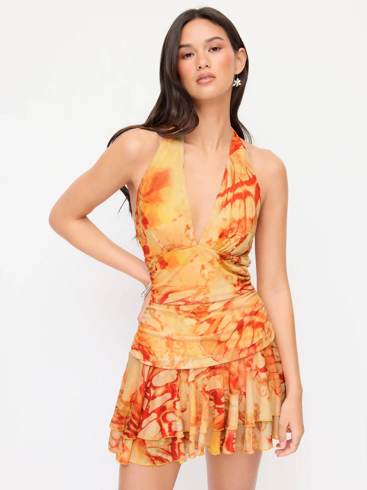 Mesh Abstract Halter Neckline Ruffled Low Rise A-line Mini Dress