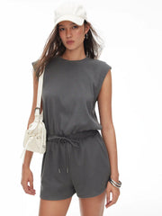 Ribbed Round Neck Drawstring Mid Rise Romper
