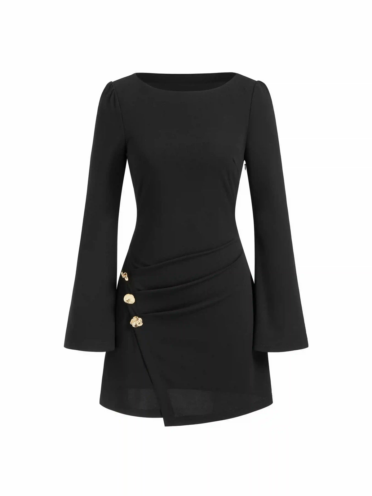 Boat Neck Bell Sleeve Ruched Mini Dress With Metal Button