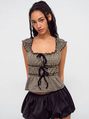 Cotton-blend Gingham Bowknot Top