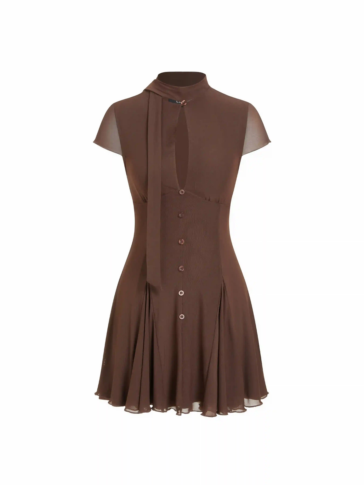 Mesh High Neck Short Sleeve Draped A-line Mini Dress With Scarf
