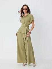 Textured Short Sleeve Draped Wide Leg Jumpsuit