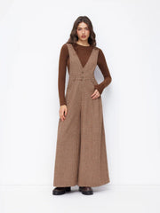 Wool-look V-neck Houndstooth Wide Leg Overalls