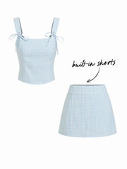 U-neckline Gingham Bowknot Crop Tank Top & Low Rise Mini Skirt Set