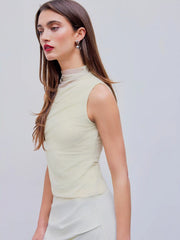 Mesh Patchy Turtle Neck Solid Ruched Crop Top