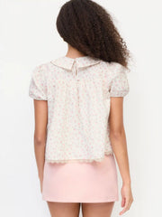 Cotton-blend Floral Peter Pan Collar Puff Sleeve Lace Insert Babydoll Blouse