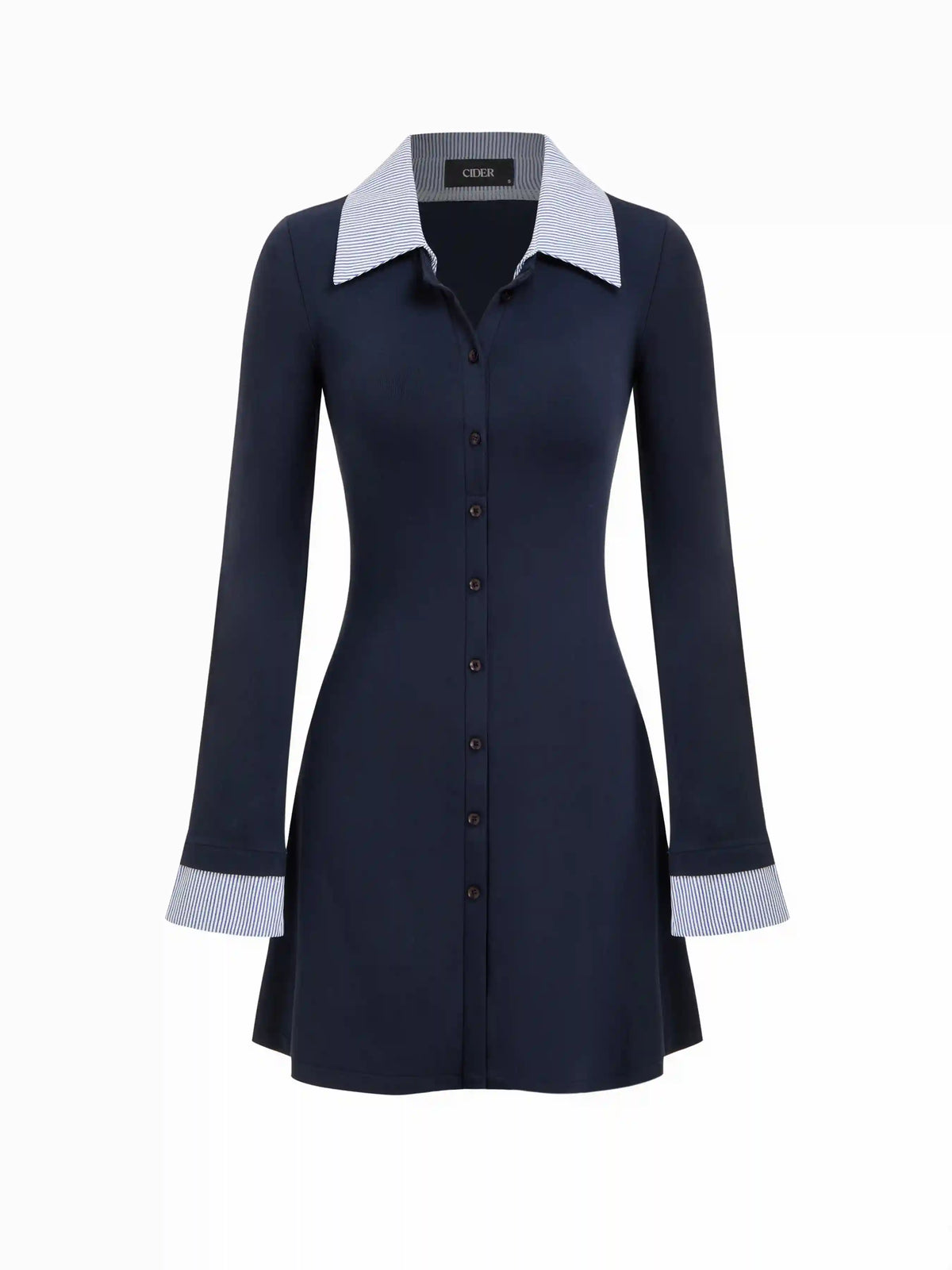 Cotton Collar Long Sleeve Two Tone Striped Mini Dress