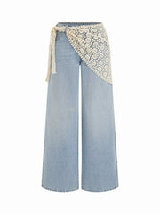 Washed Denim Low Rise Wide Leg Trousers With Floral Lace Scarf