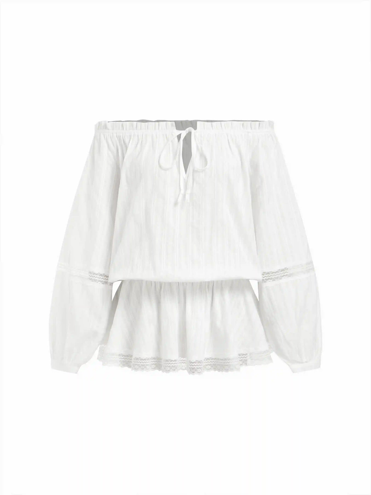 Cotton-blend Off-shoulder Lace Drawstring Puff Sleeve Oversized Blouse