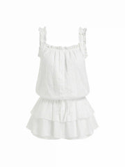 Cotton Square Neck Lace Textured Ruffled Drawstring Lettuce Trim Romper