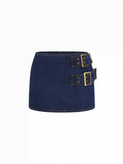 Denim Low Rise Washed Buckle Metal Detail Pencil Mini Skirt