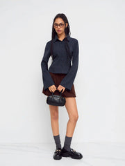 Collar Striped Cinched Waist Bell Sleeve Shirt