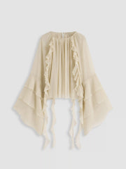 Chiffon Ruffle Hem See-through Oversized Bell Sleeve Blouse
