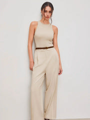 Round Neckline Solid Pocket Zipper Jumpsuit With Belt