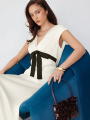 Satin V-neck Lace Trim A-line Maxi Dress
