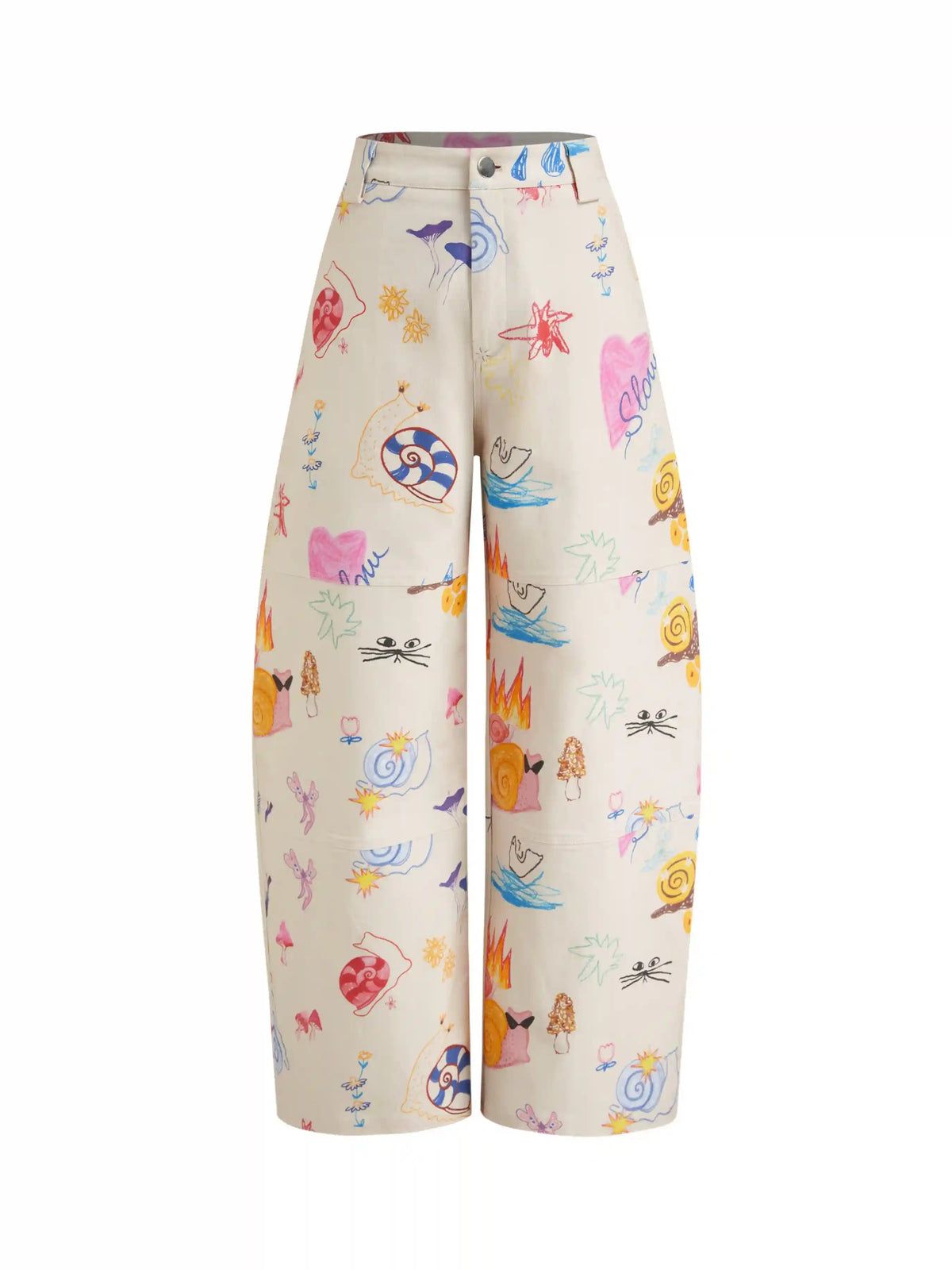 Cotton-blend Mid Rise Snail Graphic Barrel-leg Trousers