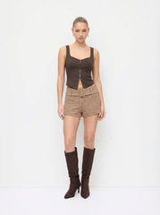 Tweed Low Rise Houndstooth Micro Shorts With Belt