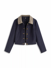 Plaid Collar Two Tone Button Oversized Crop Shacket