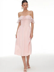 Lace Ruffle Sweetheart Neck Bowknot A-Line Midi Dress