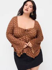 Jacquard Round Neckline Geometric Bowknot Ruffle Hem Oversized Top