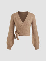 Knitted V-neck Solid Knotted Wrap Cardigan