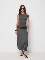 Cotton-blend Asymmetrical Off-shoulder Top & Mid Rise Bubble Hem Cocoon Midi Skirt Set