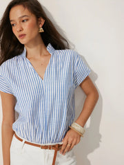 Cotton-blend Striped V-neck Ruffled Collar Sleeveless Bodysuit