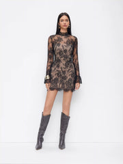 Lace Stand Collar Long Sleeve Straight Mini Dress