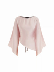 Satin Boat Neck Bell Sleeve Asymmetrical Blouse