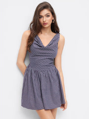 Cowl Neck Plaid Zipper Flared Mini Dress