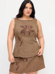 Tweed Floral Applique Check Boat Neck Top Curve & Plus