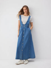 Washed Denim Pinafore Maxi Dress With Metal Detail