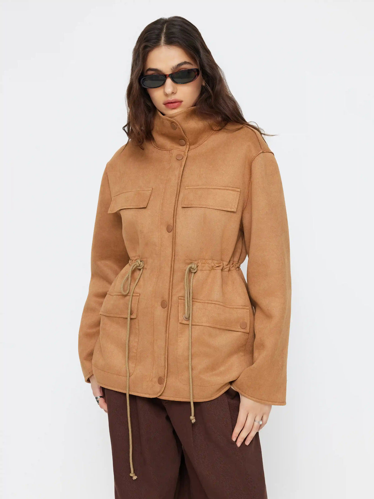 Faux Shearling Collar Drawstring Zip Through Longline Oversized Jacket